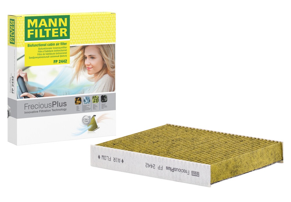 Imagine produs: Filtru polen, aer habitaclu, carbune activ cu polifenol, cu efect antibacterial, praf fin (PM 2.5), cu efect fungicid, 240 mm x 204 mm x 35 mm, FreciousPlus MANN-FILTER (FP 2442)
