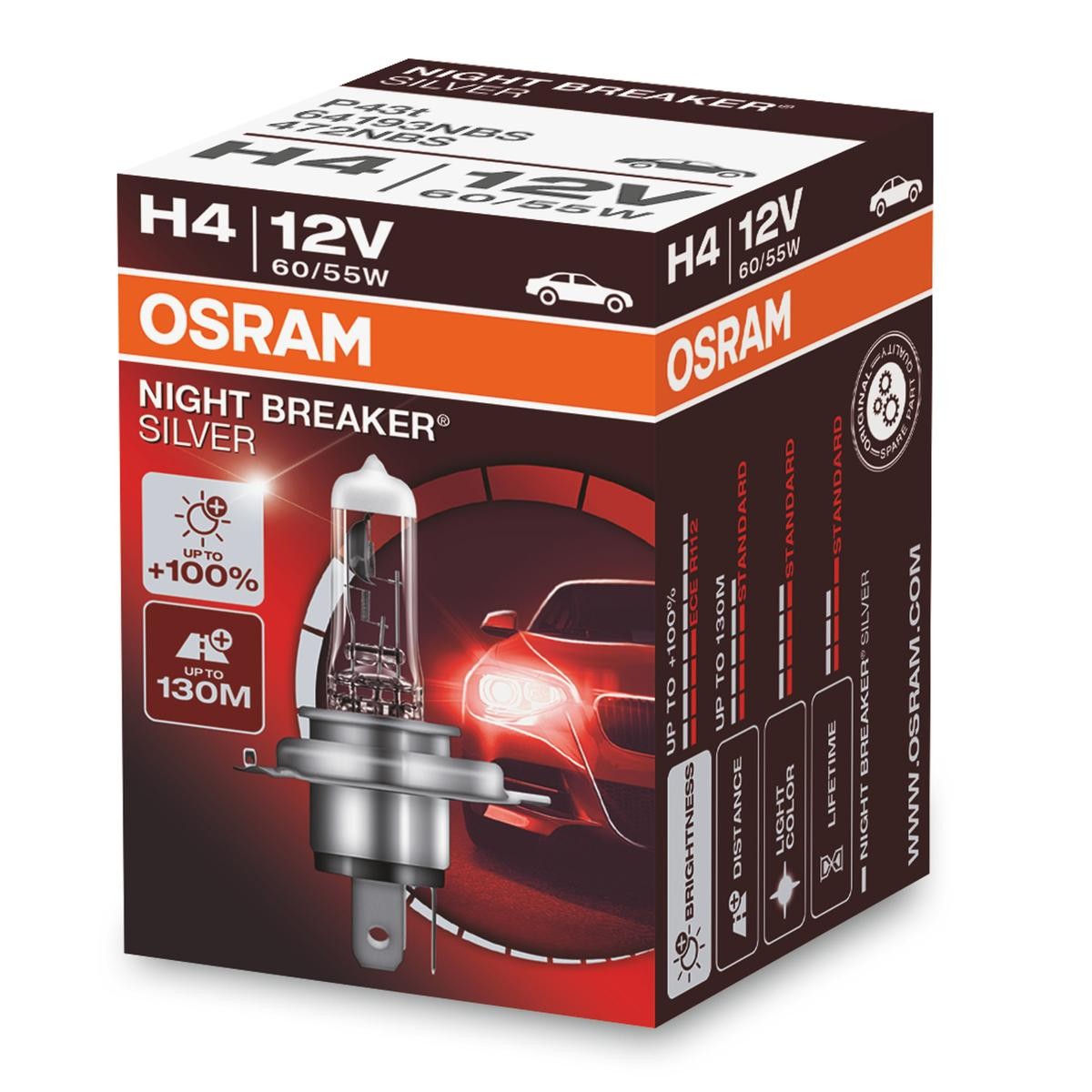 Imagine produs: Bec H4 12V 60/55W P43t Halogen NIGHT BREAKER SILVER +100% OSRAM (64193NBS)