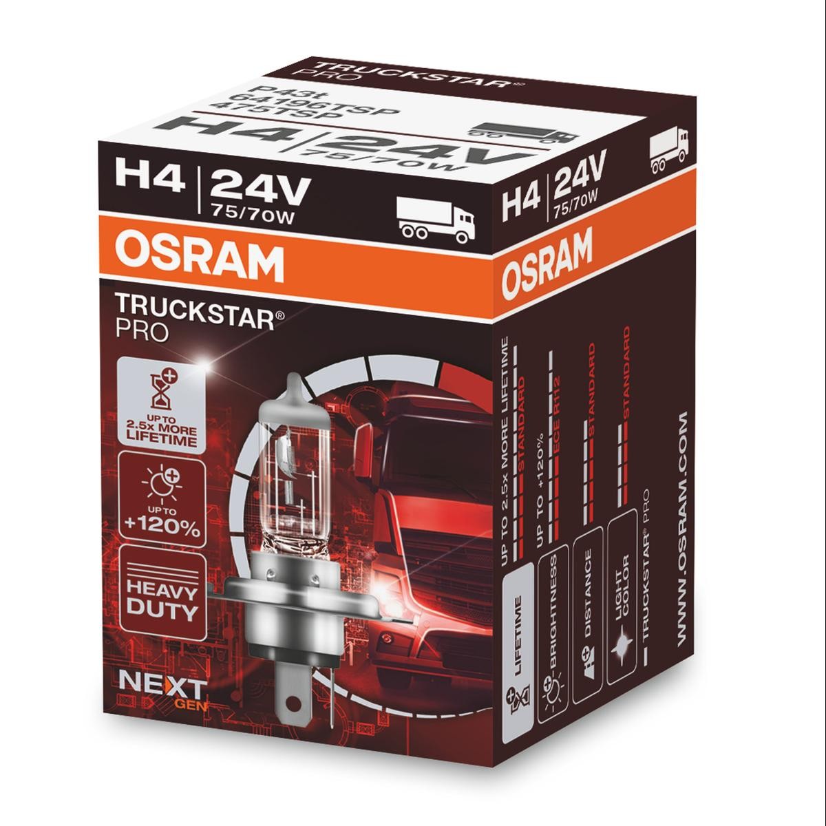 Imagine produs: Bec H4 24V 75/70W P43t 3200K Halogen TRUCKSTAR PRO +100% OSRAM (64196TSP)