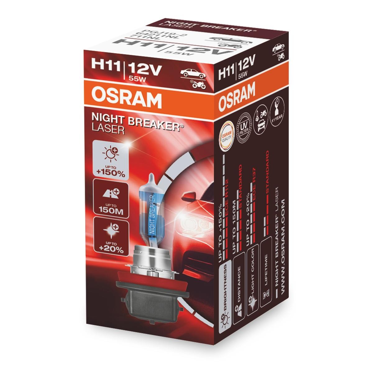 Imagine produs: Bec H11 12V 55W PGJ19-2 3600K Halogen NIGHT BREAKER LASER OSRAM (64211NL)