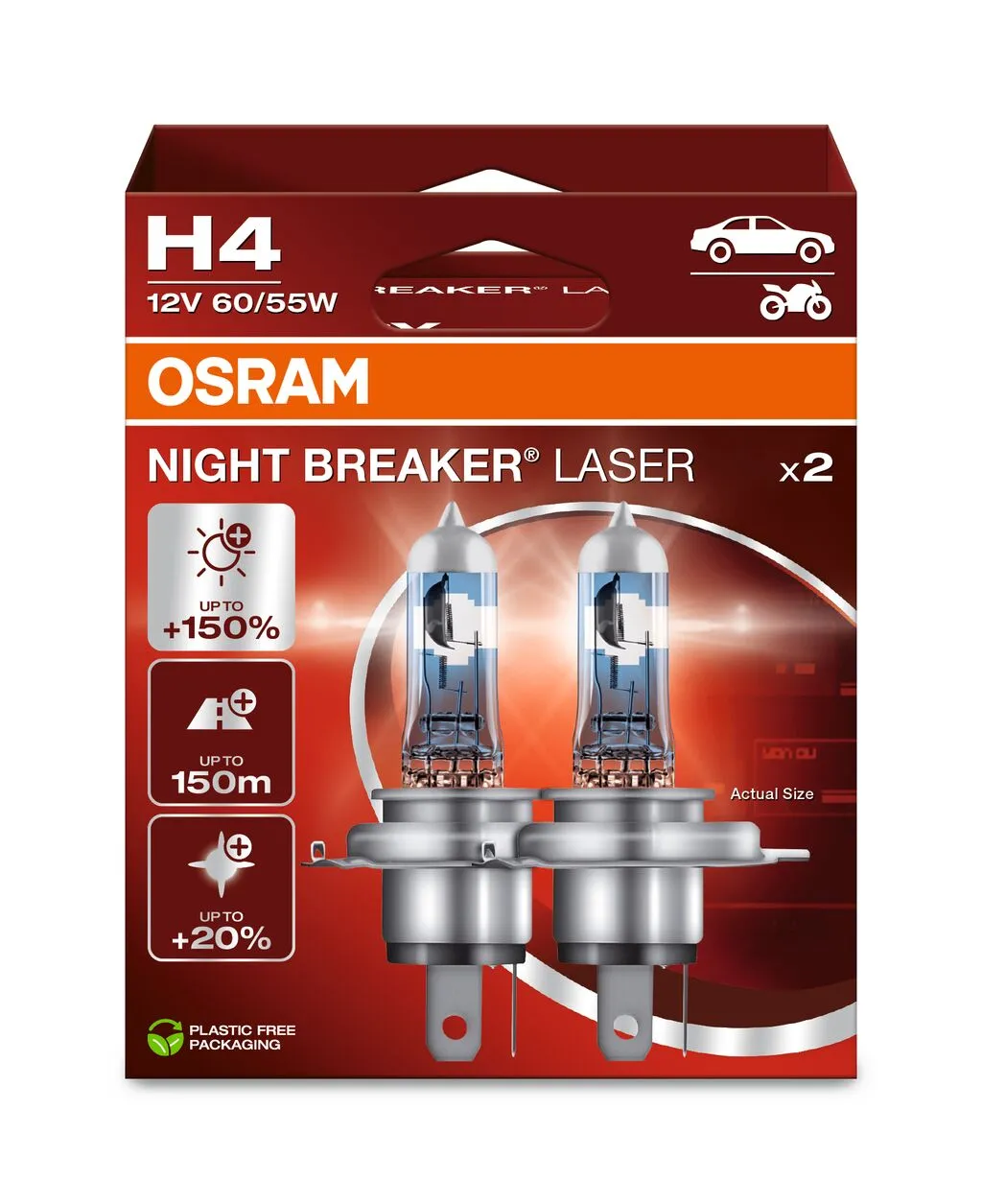 Imagine produs: Set 2 becuri H4 12V 60/55W P43t 4200K Halogen NIGHT BREAKER LASER +150% OSRAM (OSR64193NL-HCB)