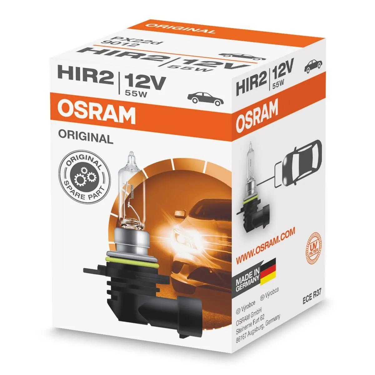 Imagine produs: Bec HIR2 12V 55W PX22d 3200K Halogen ORIGINAL LINE OSRAM (9012)