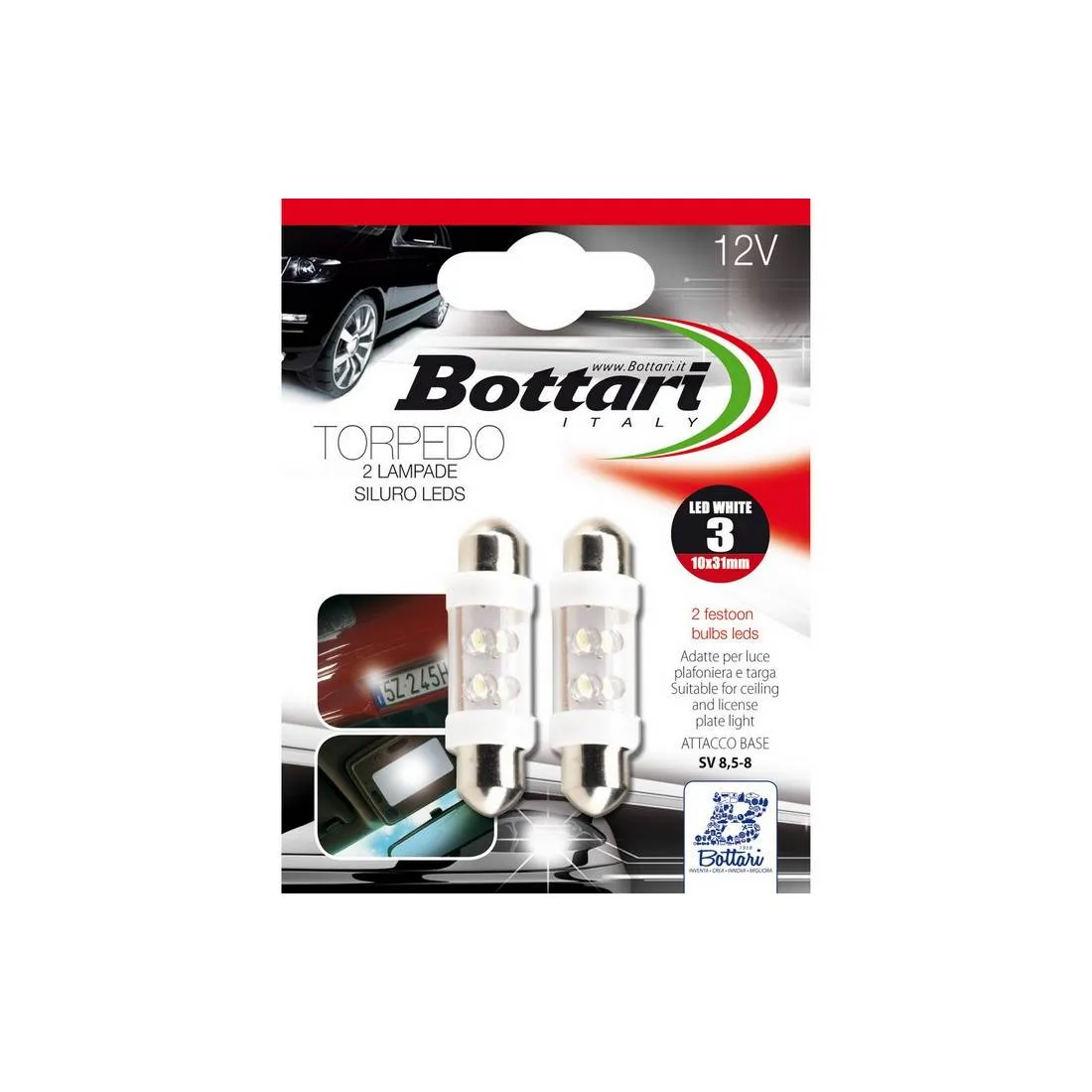 Imagine produs: Bec set 2 x C3W 12V 3W SV8,5-8 LED BOTTARI (17825)