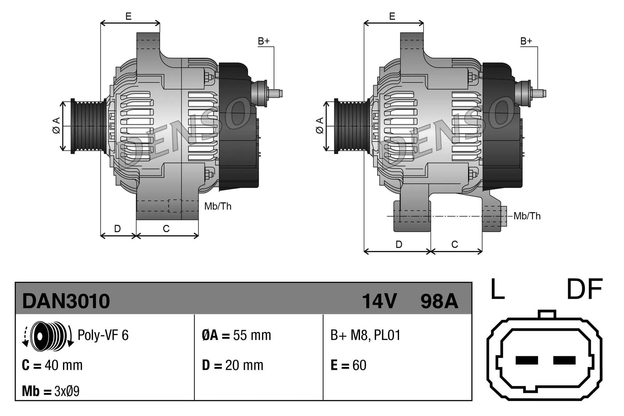 Imagine produs: Alternator 14V 98A Ø 55 mm DENSO (DAN3010)