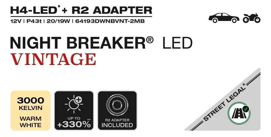 Imagine produs: Bec H4 12V 20/19W P43t 3000K NIGHT BREAKER LED VINTAGE +330% OSRAM (64193DWNBVNT-2MB)